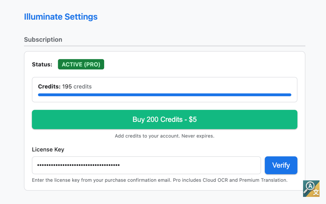 Extension options showing subscription status and credits