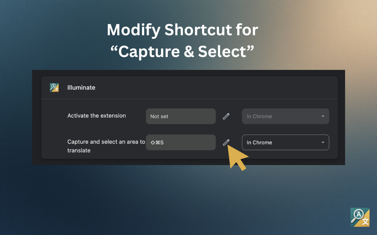 Click the pencil icon to edit the keyboard shortcut