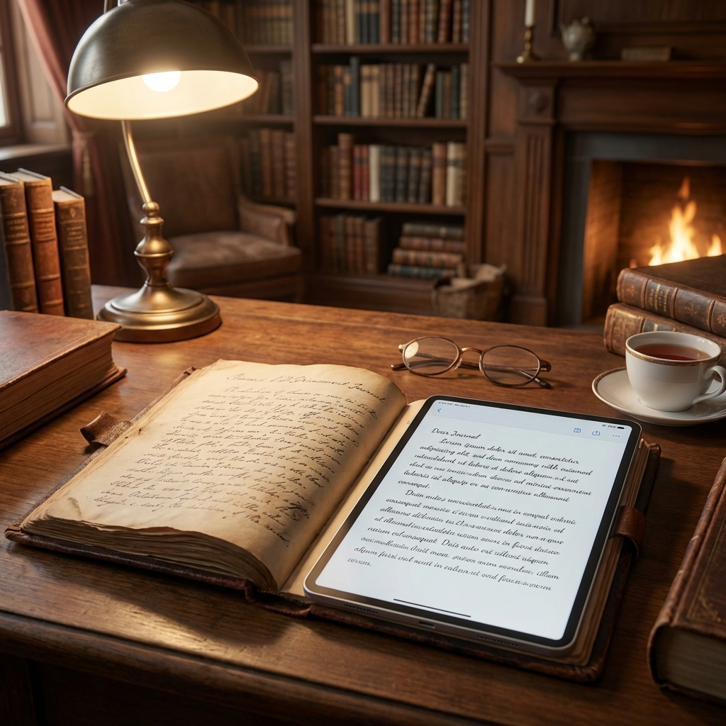 Handwritten journal being digitized by a tablet